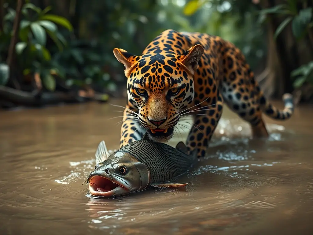 Foto realista de un jaguar cazando un pez en un peligroso jungla mexicana