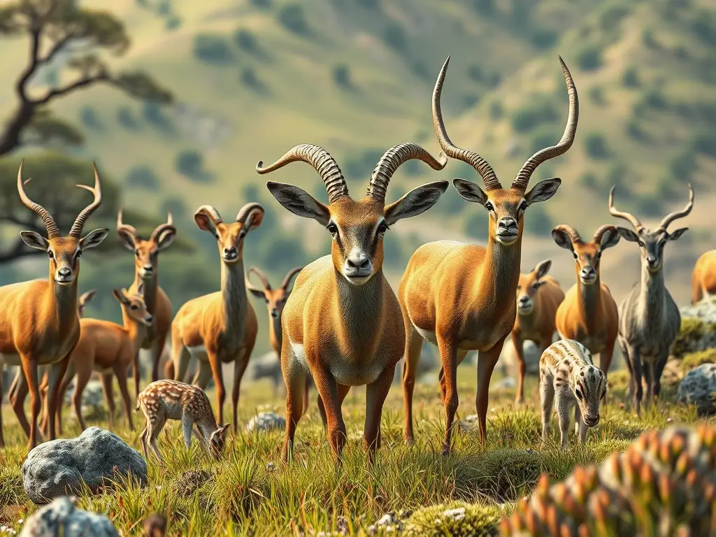Foto realista de 10 especies animales en un paisaje mágico