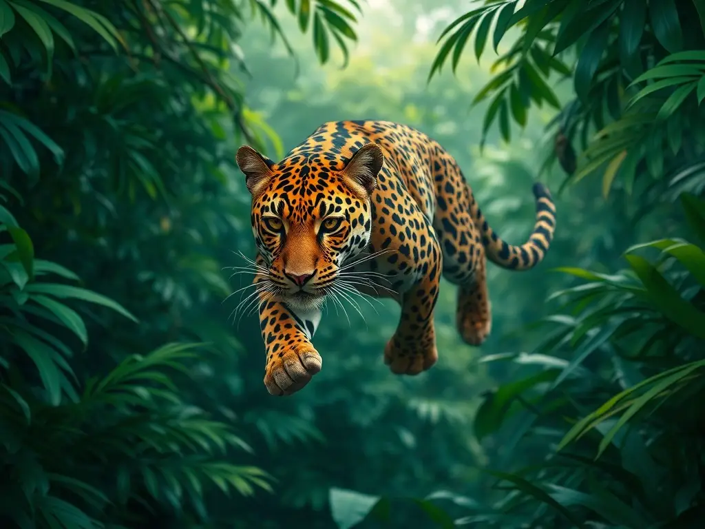 Jaguar en un cauce exuberante, detallada y realista