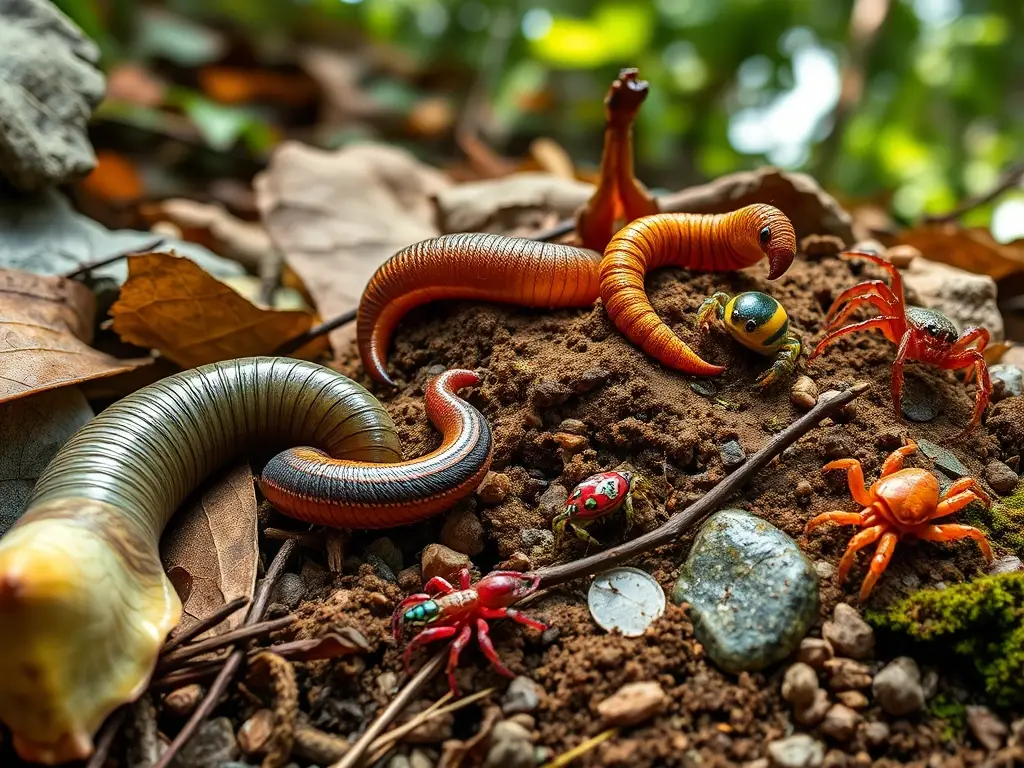 Collage cercano de invertebrados en bosque