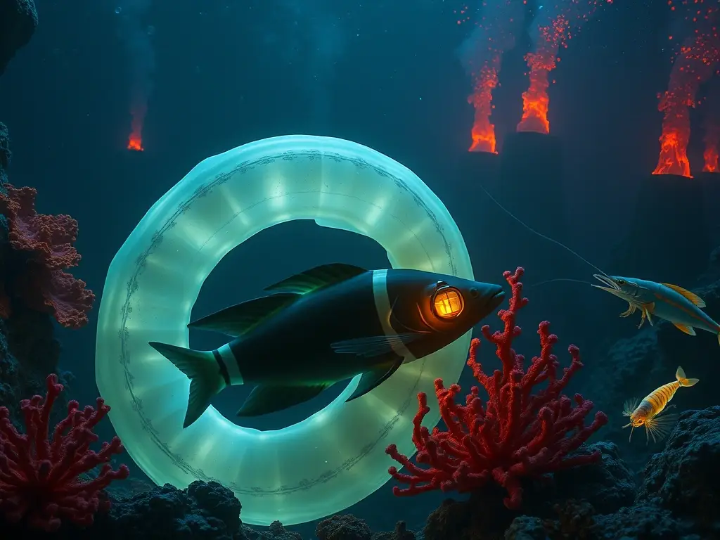Escena abisal con criaturas bioluminiscentes