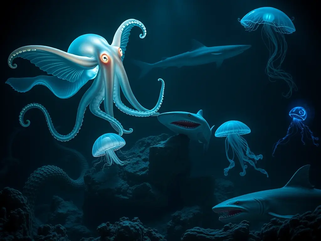 Deslumbrante escena abisal de criaturas bioluminiscentes