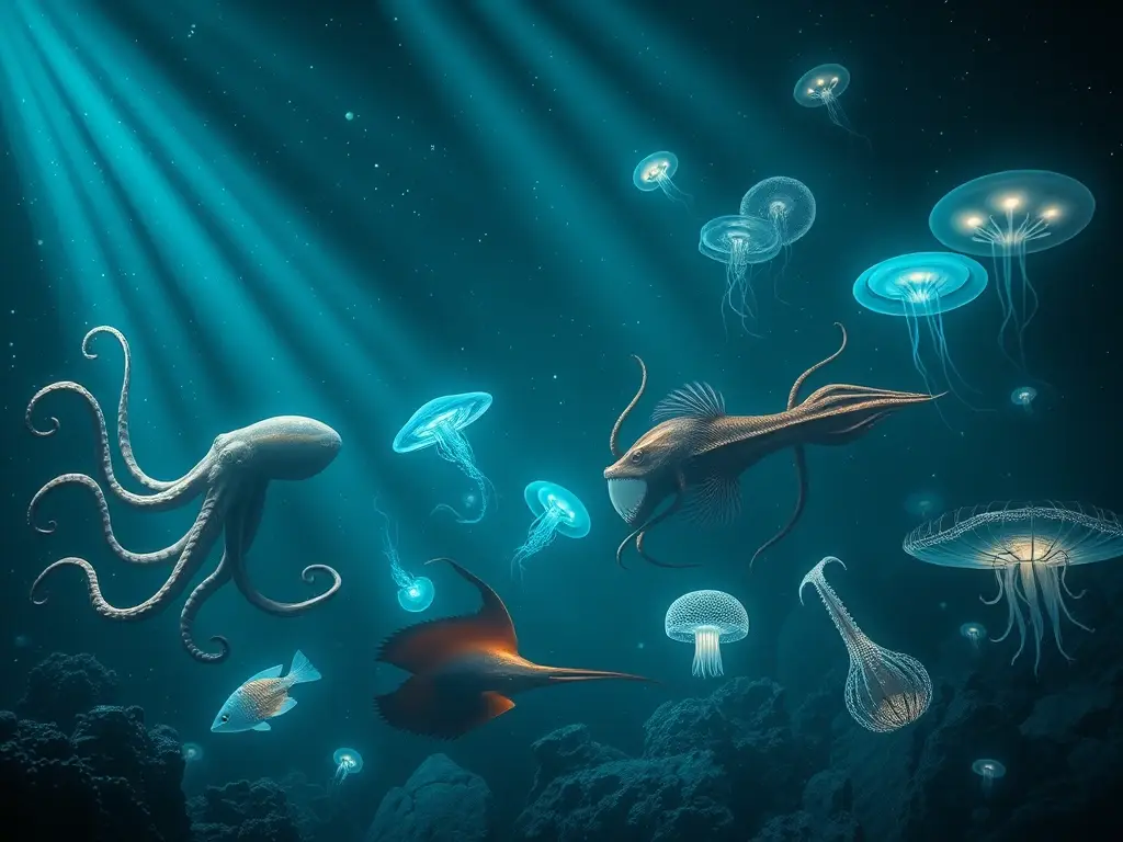 Escena abisal con diez criaturas bioluminiscentes
