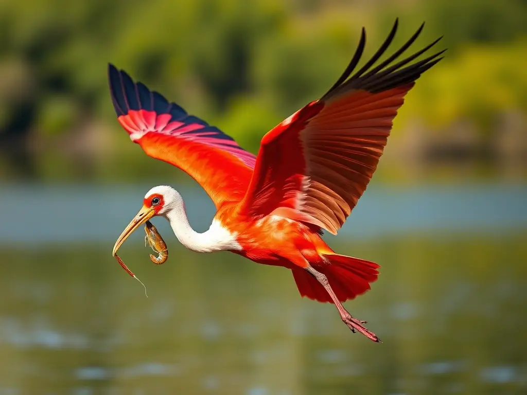 Imagen realista del ibis rosada en vuelo sobre un lago vibrante
