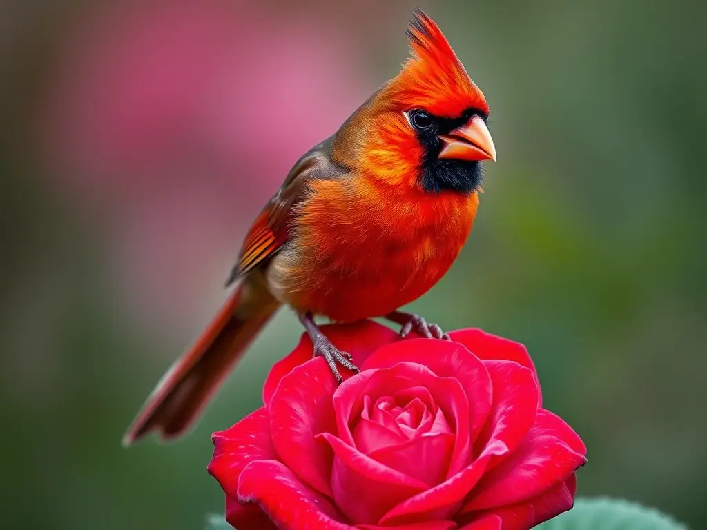 Foto realista de un cardenal rojo en una flor, nítido y detallado