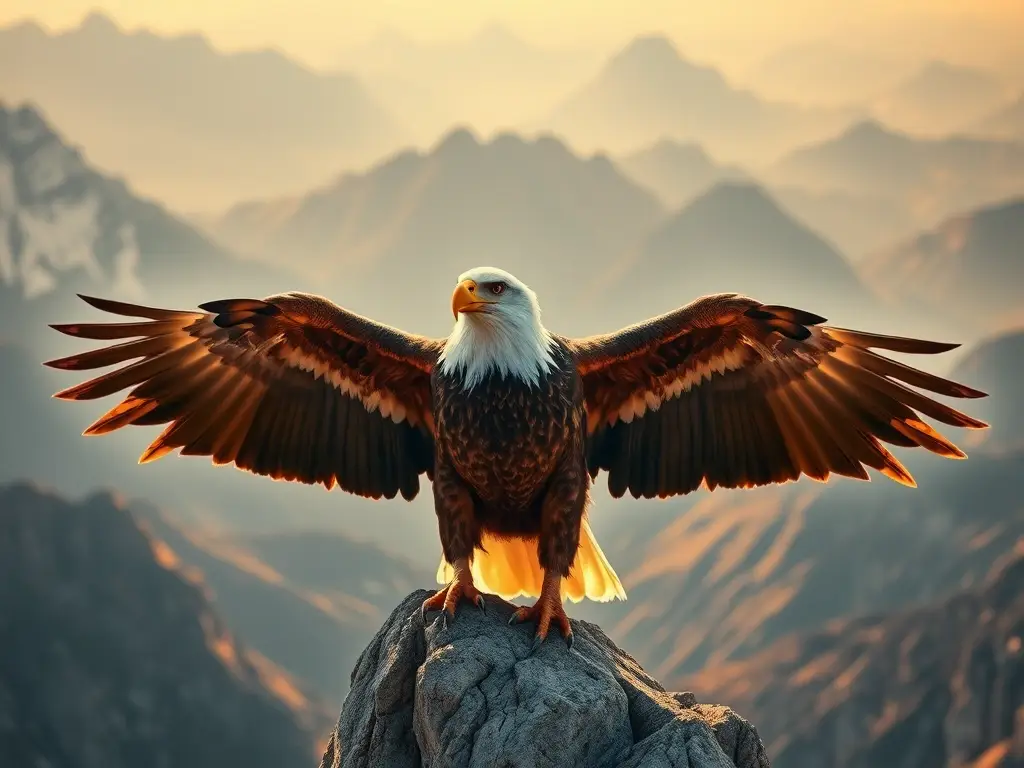 Fotografía hiperrealista de un águila, spread eagle, en un pico de montaña, sol dorado