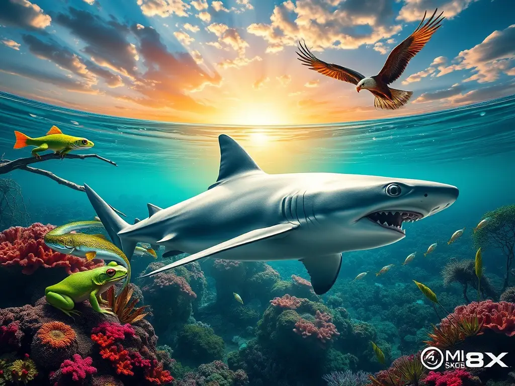 Ilustración fotorrealista de tiburón en ecosistema marino