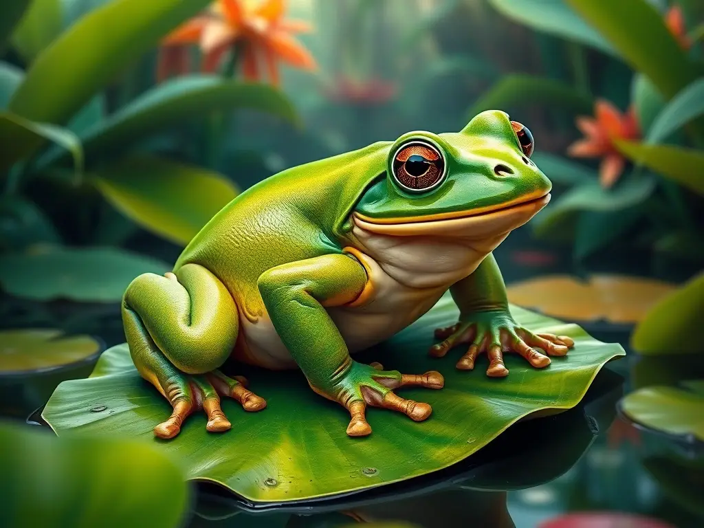 Imagen realista de un frog gigante verde en un patio tropical de lujo