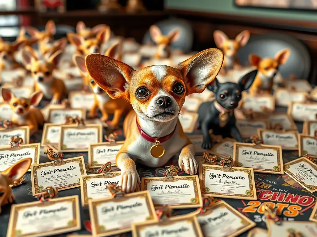 Fotografía realista de una gran mesa con galardones para chihuahuas