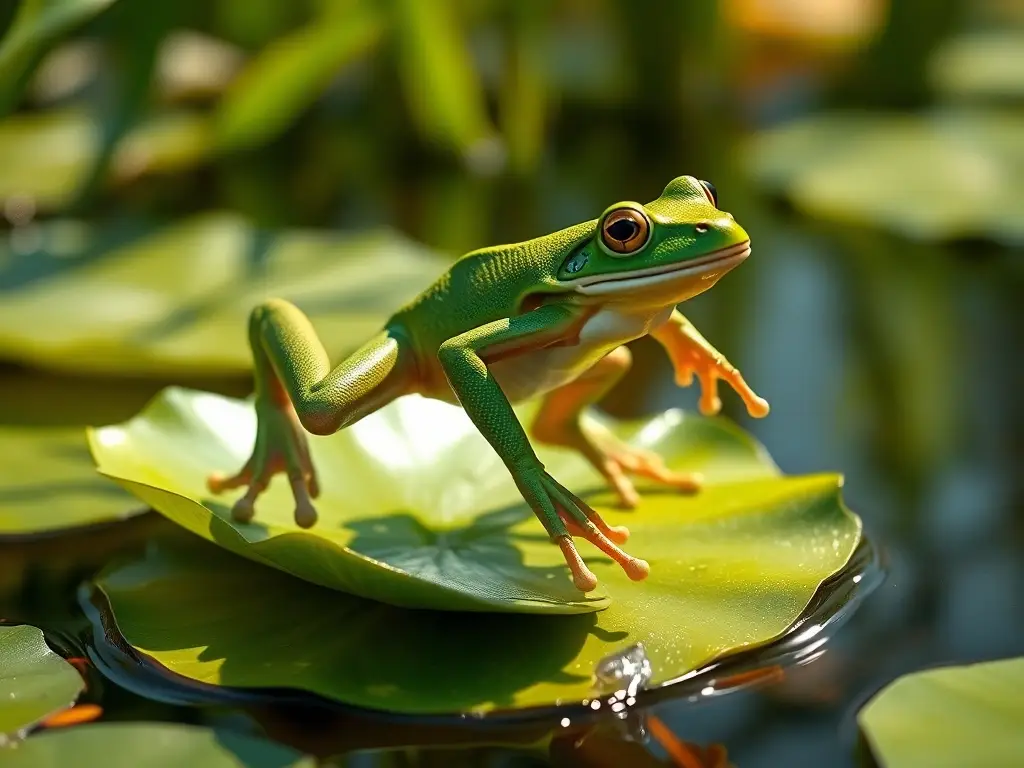 Fotorealista de un rana perfectamente dibujada saltando sobre una hoja de loto