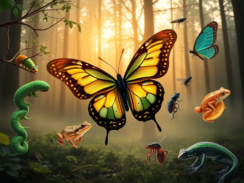 Metamorfosis animal en bosque al atardecer