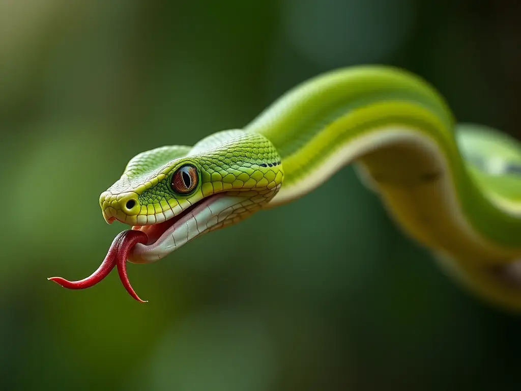Foto realística de una víbora verde serpentando en el aire, con lengua extendida
