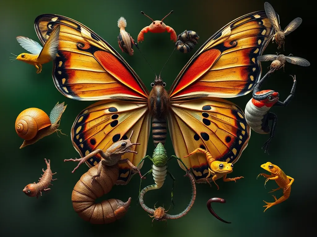 Una imagen fotorealista de 15 animales con metamorfosis