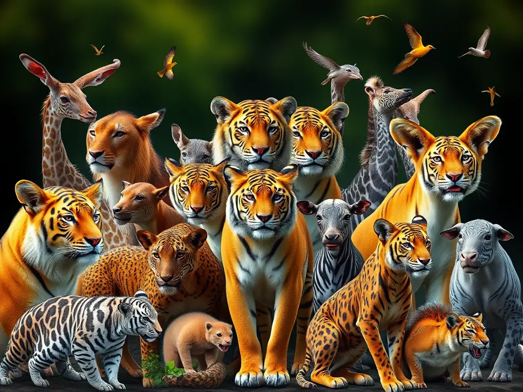 Foto realista, 15 animales en dinámica colección, sin texto ni logos