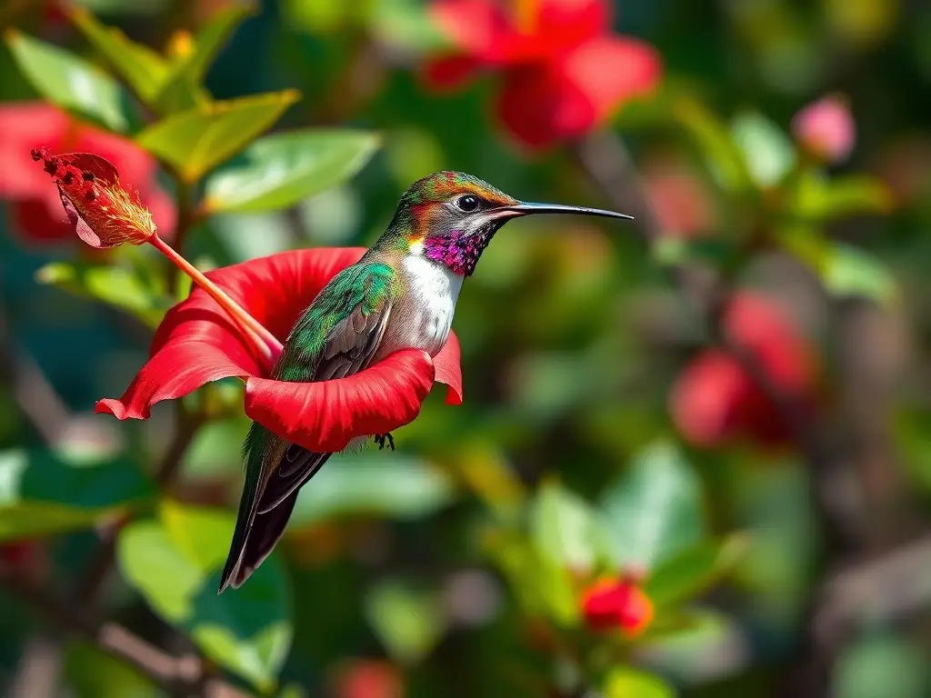Illustration de un colibrí en una rosa roja