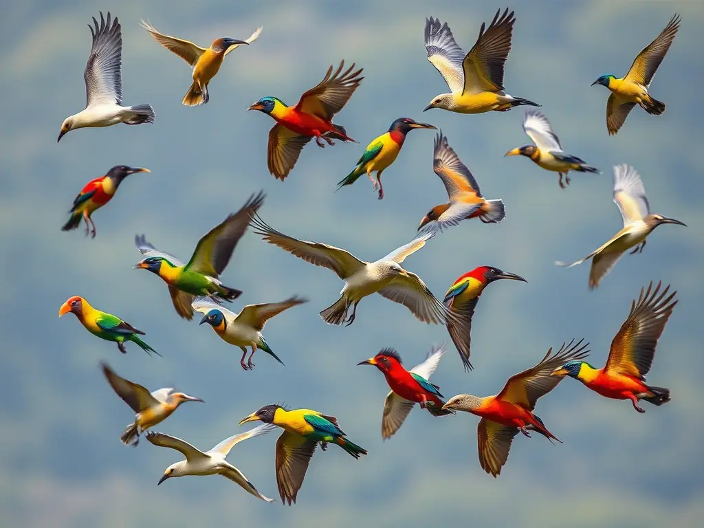 Foto realística de aves omnivoras coloridas en vuelo, con detalles precisos