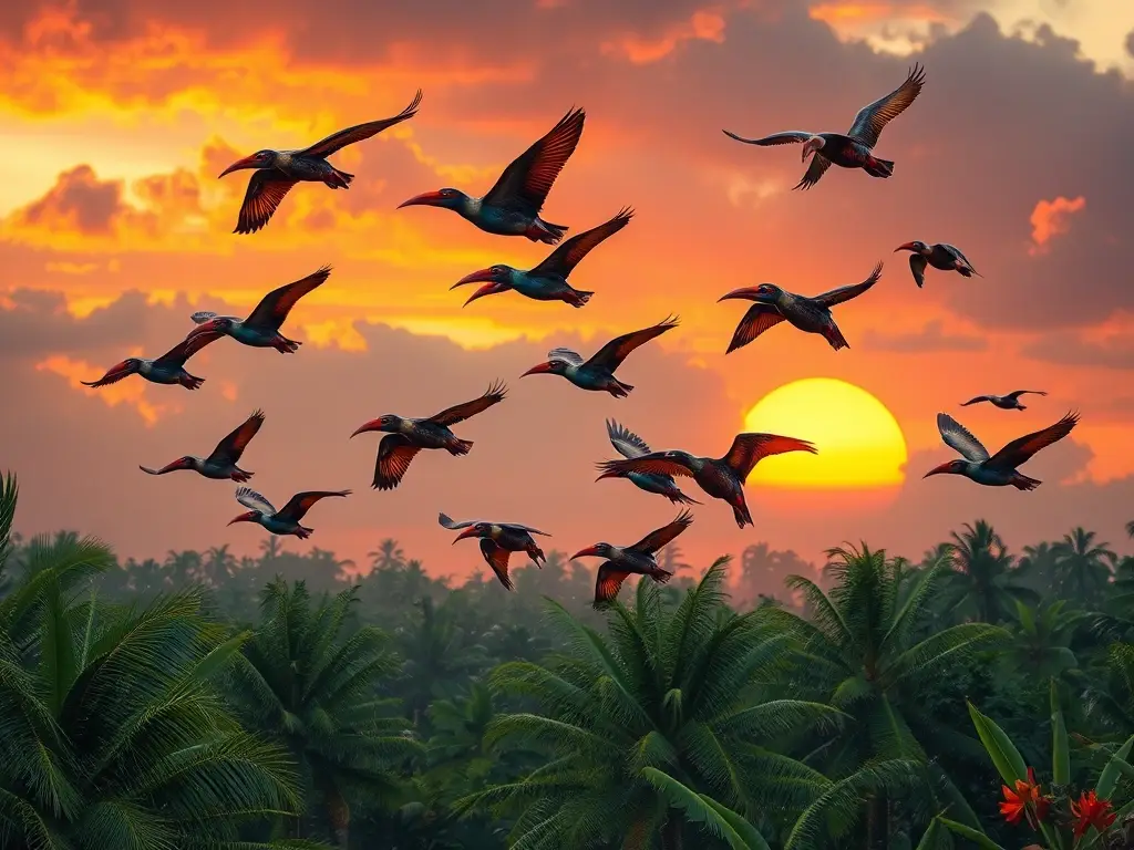 Un vuelo vibrante de aves con detalles realistas