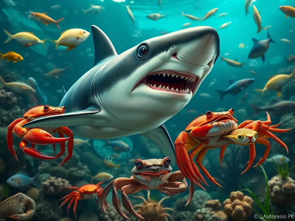 Infografía realista de animales omnivoros en un fondo acuático
