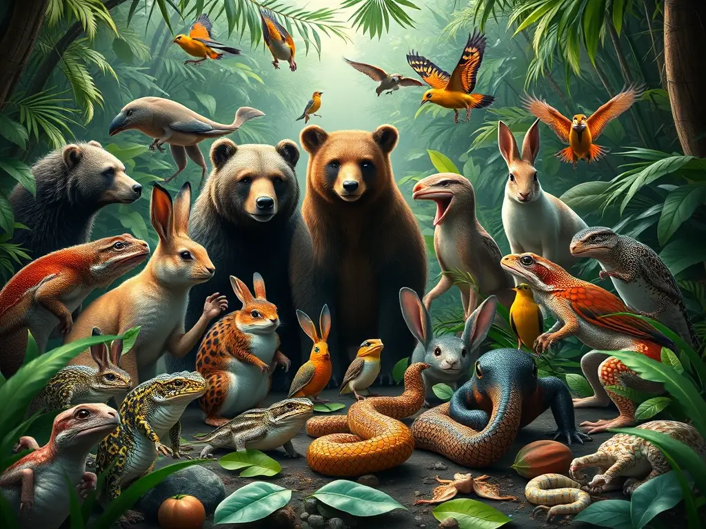 Ilustración fotográfica realista de 20 animales omnivoros en una jungla diversa