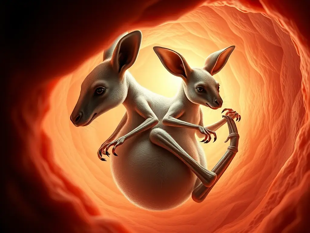 Foto realista de marsupiales en un útero con una luz interna