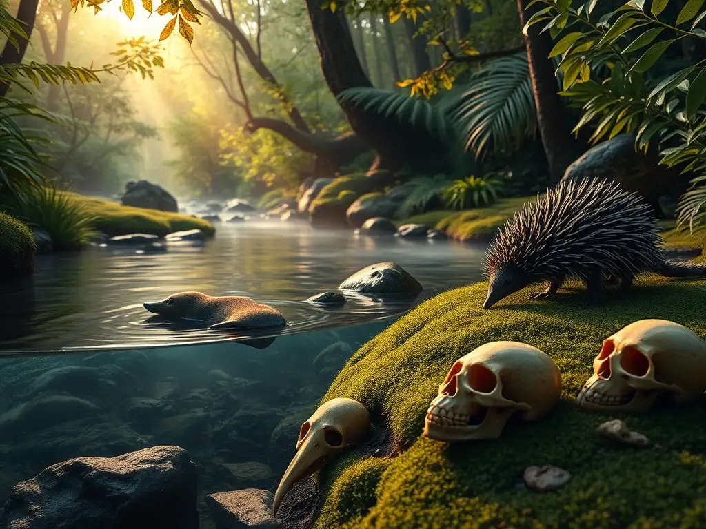 Ornitorrinco y equidna en bosque al amanecer