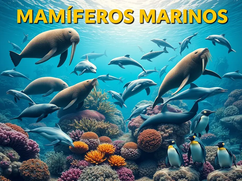 Foto realistic de mamíferos del mar en coral, 5+20 especies