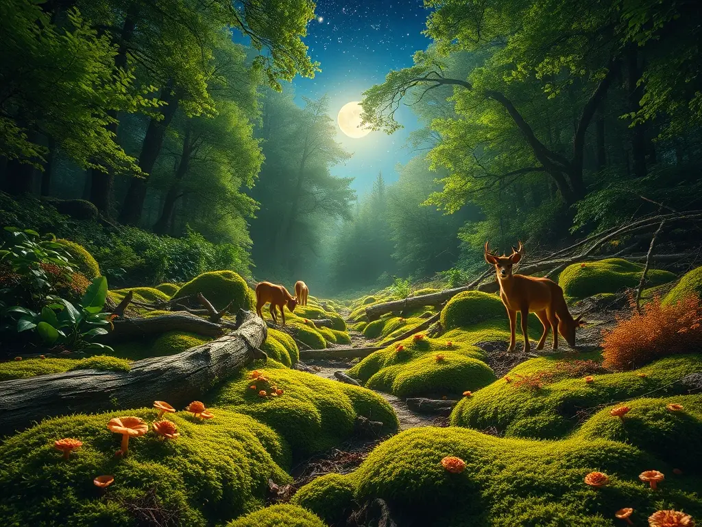 Un bosque mágico poblado por vida bajo la luna