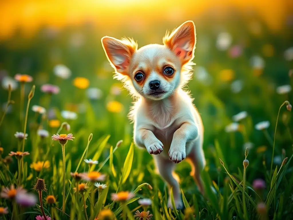 Una chiquita chihuahua juguetona baila en un prado