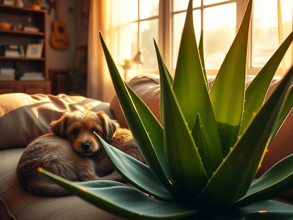 Un acogedor salón luminoso con un perro y aloe vera