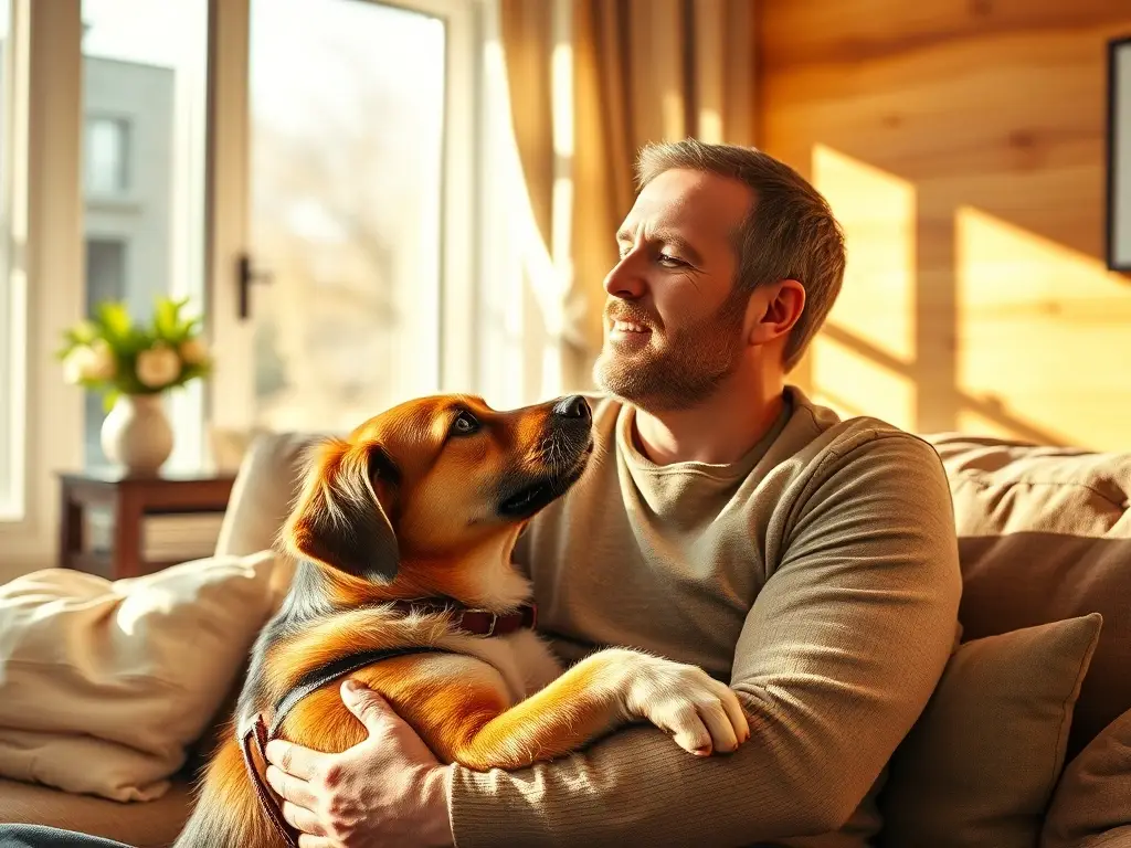 Un retrato realista y reconfortante de un hombre acariciando a su perro