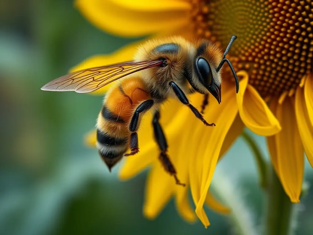 Fotorealista de abeja cargando polen en un girasol