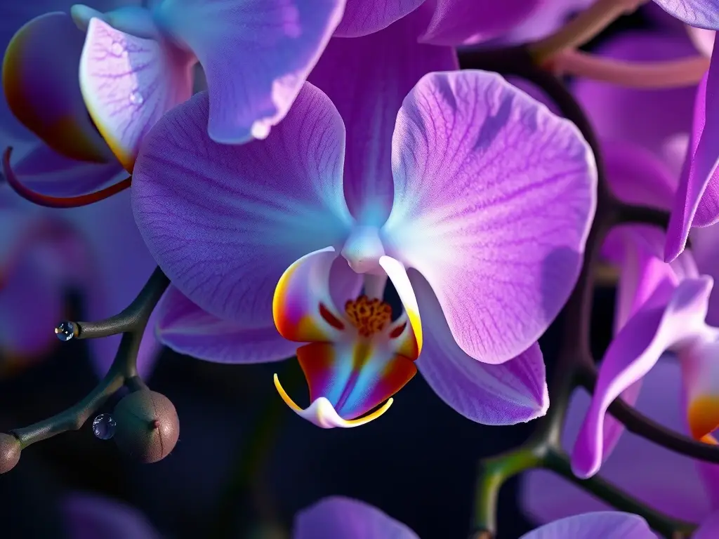 Es un retrato abstracto en 8K de una flor de orquídea cian