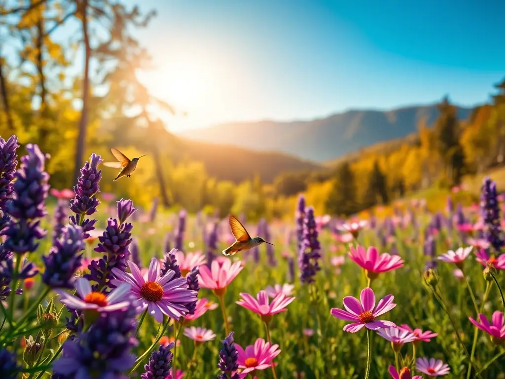 Una obra maestra de flores y aves en un paisaje natural