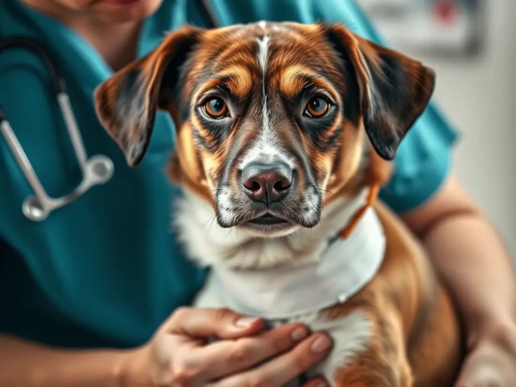 Veterinario con perro angustiado en símil