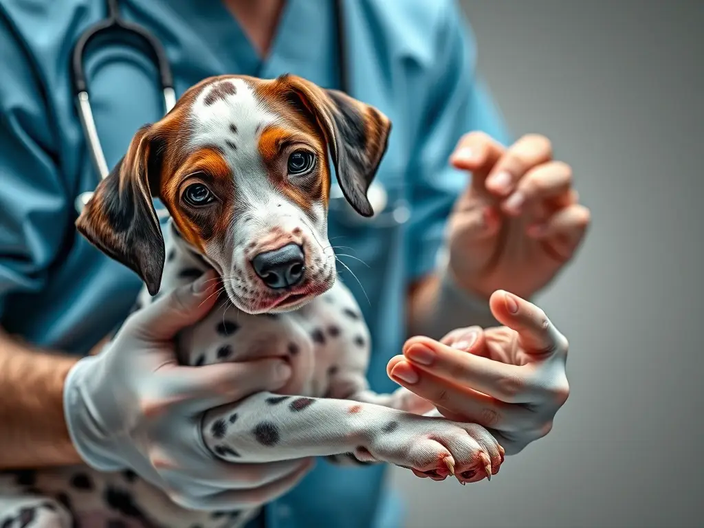 Foto realista de un veterinario examinando a un cachorro Dalmata con detalles