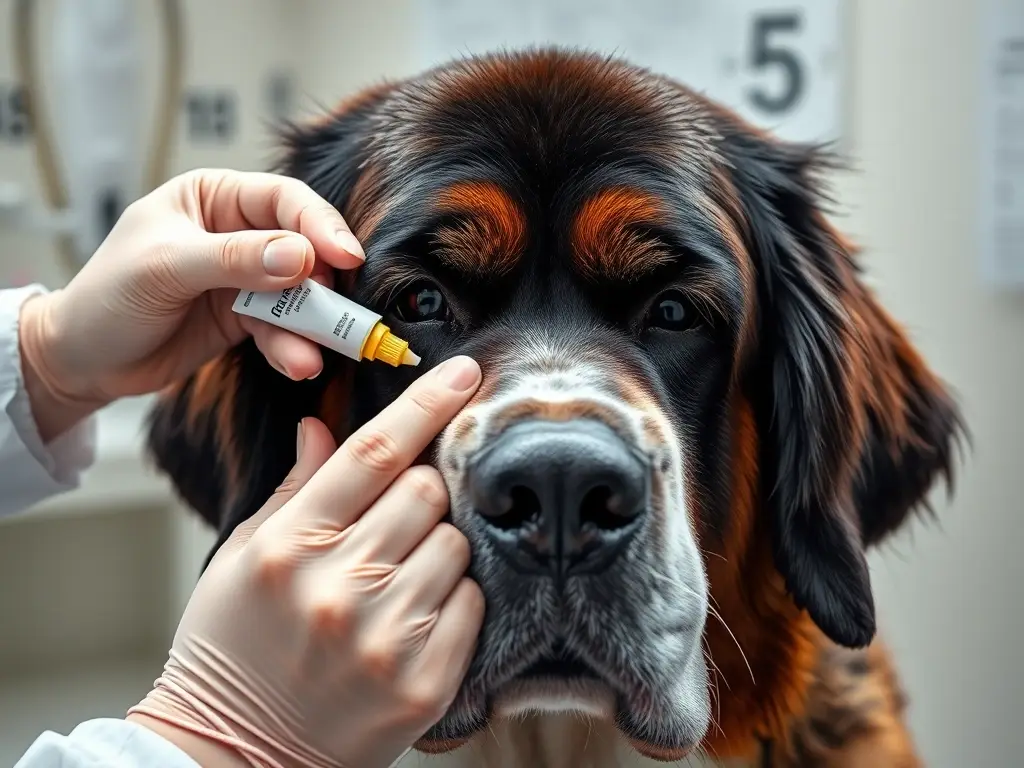 Imagen realista de un St. Bernard curando a los ojos con un ungüento