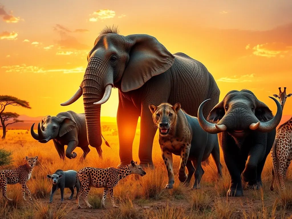 Fauna africana icónica al atardecer dorado