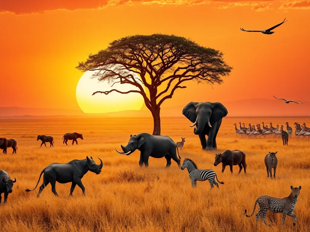 Sabana africana al atardecer con la fauna