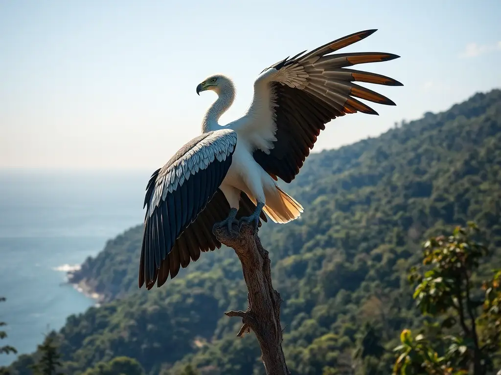 Una haliaeta de plumaje realista, con foco nítido, en un árbol con bosque costero