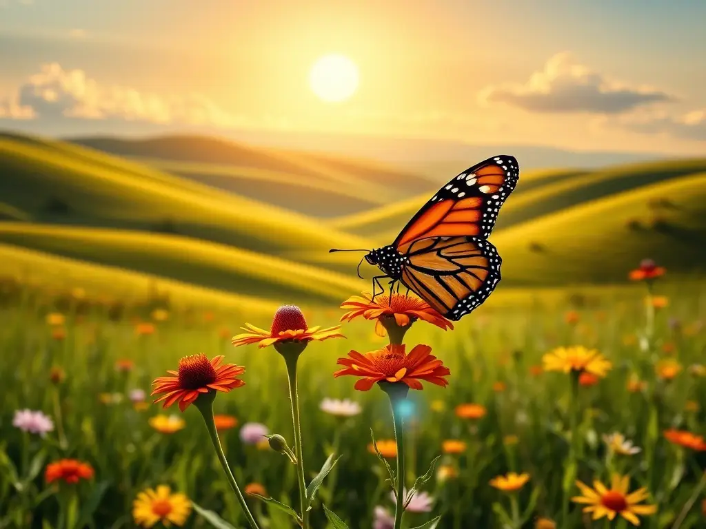 Una imagen realista y de alta resolución de una mariposa monarca exótica en una flor vibrante