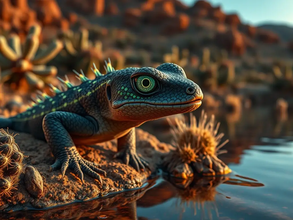 Un retrato realista de ajolote melanótico en el desierto, 8K, con detalles bioluminescentes