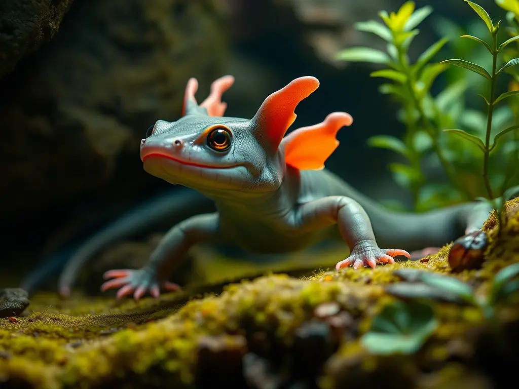 Foto realista de ajolote en ecosistema subterráneo