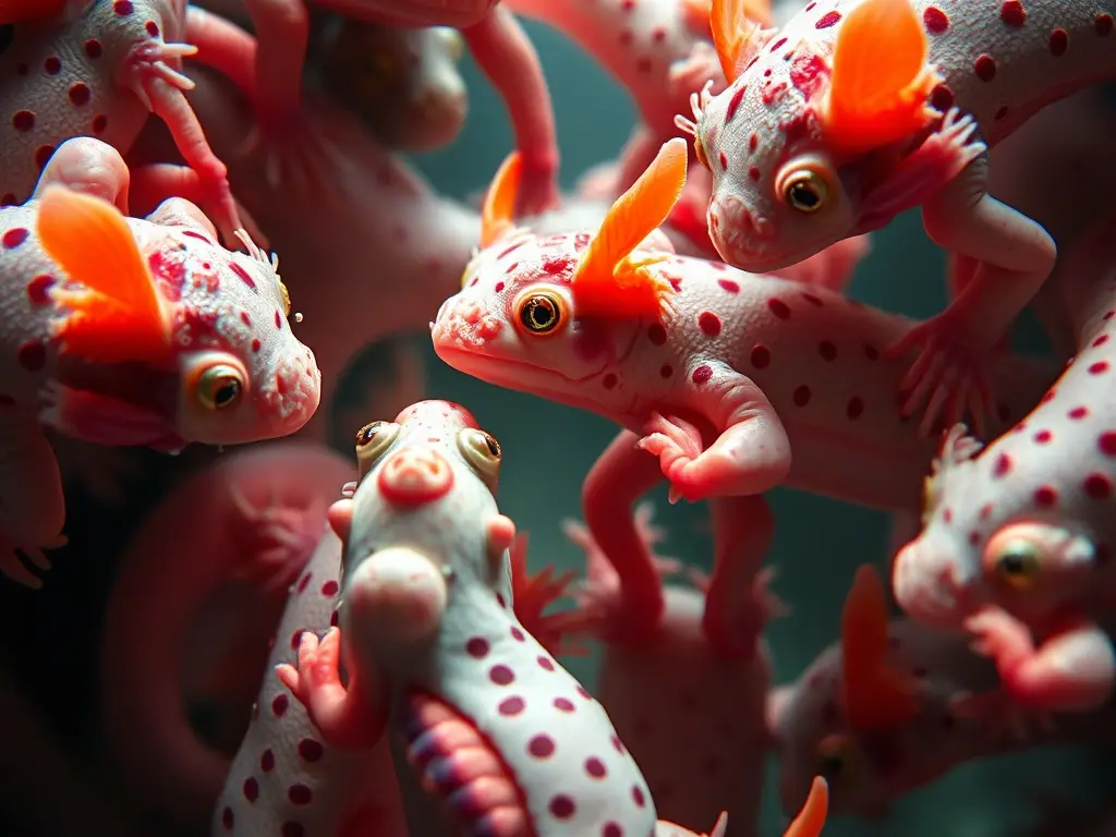 Un retrato realista de axolotls inter eben de diferentes etapas de reproducción con una iluminación natural