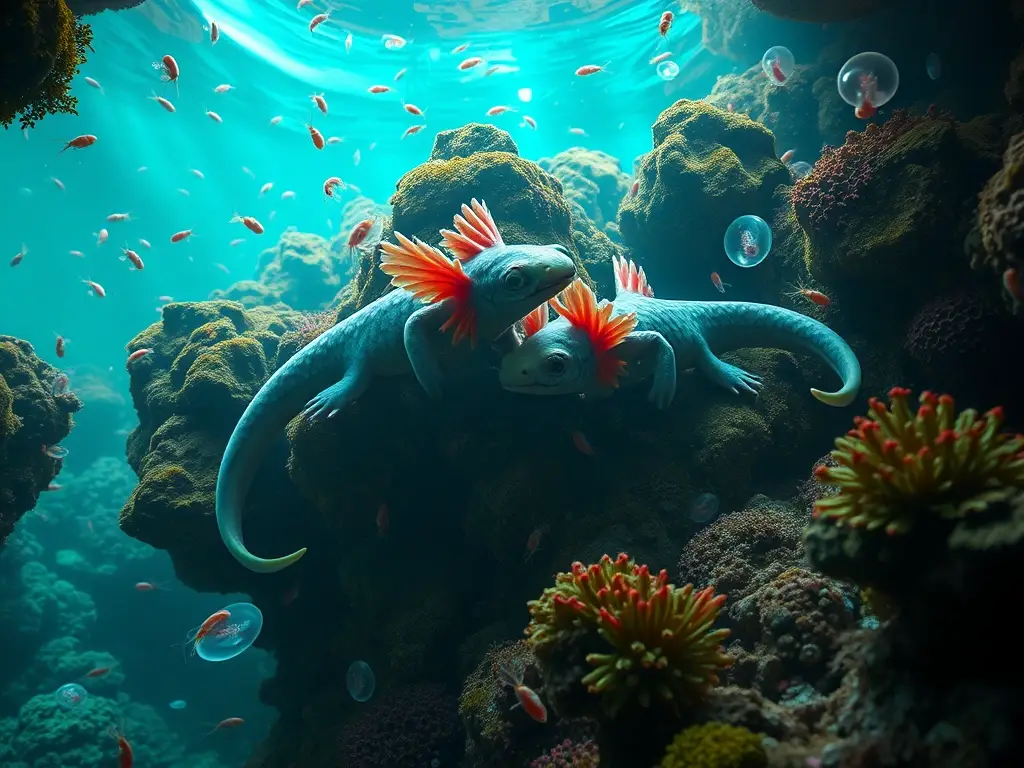 Un aaxolotl neotenico se encuentra en un ecosistema biolumínico