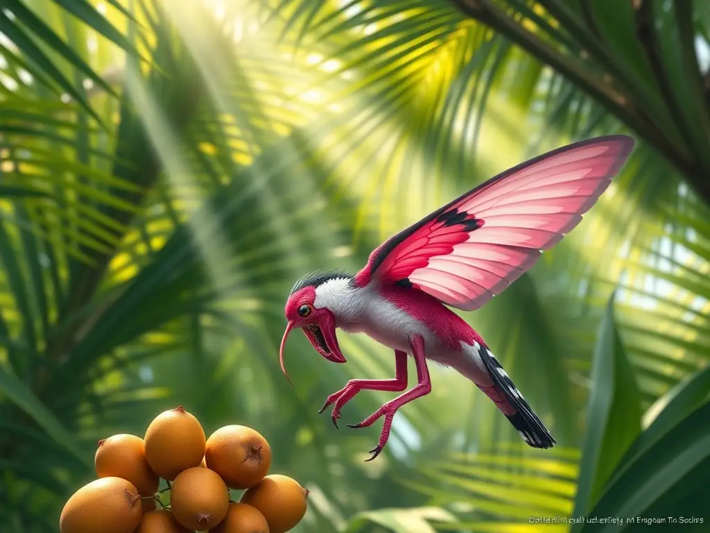 Ilustración fotorealista de Acedón comiendo fruta en un palmeral