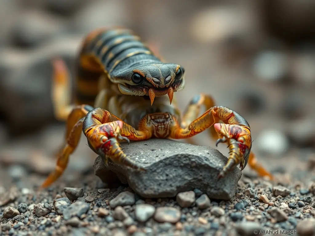 Fotorealista, 8k, Buthid scorpion furioso en rock miniatura