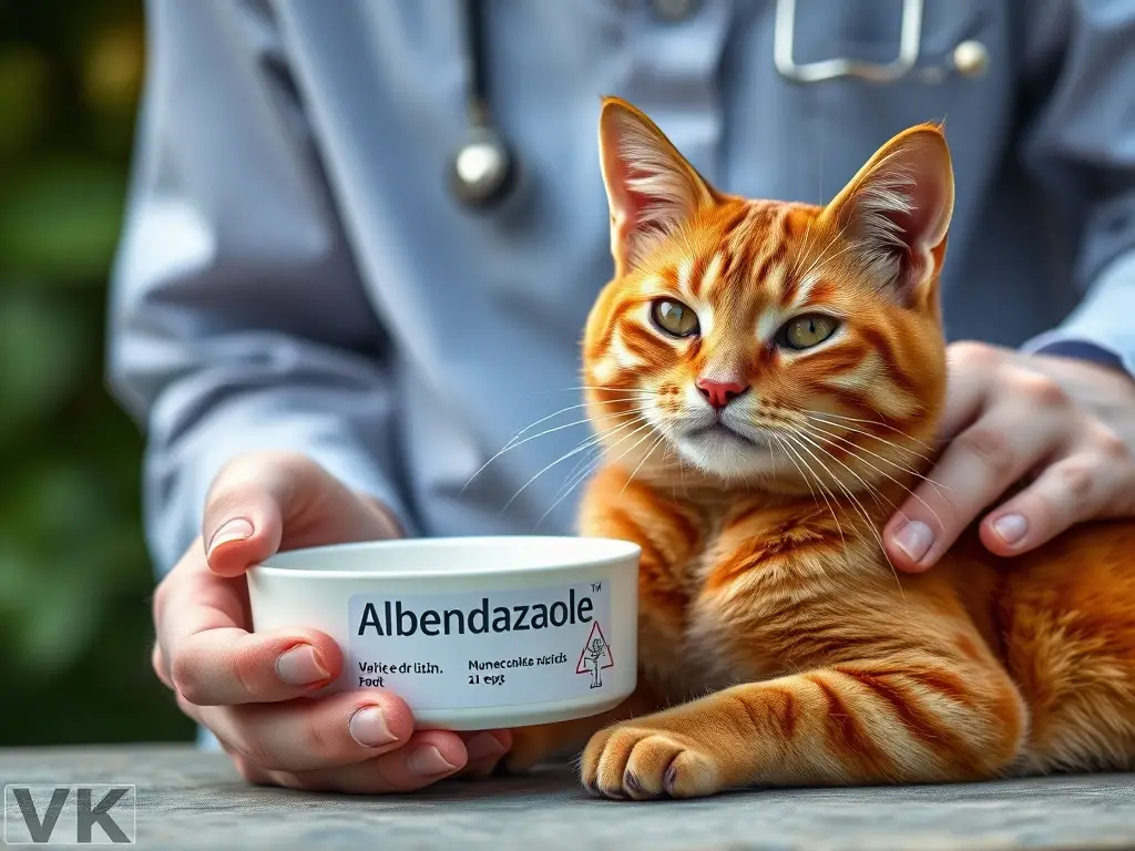 Fotografía realista de un veterinario con un gato tabby comiendo Albendazole