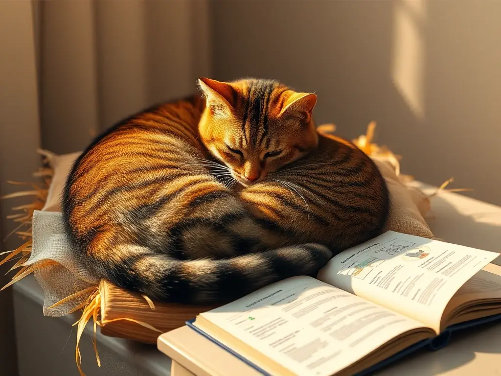 Una ilustración digital de alta resolución muestra a un gato tabby relajado leyendo sobre medicina