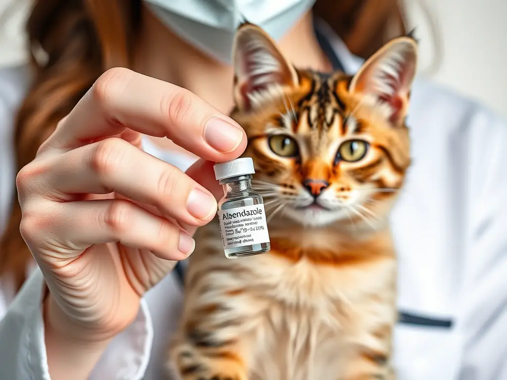 Fotografía realista de un veterinario con un gato y albendazole