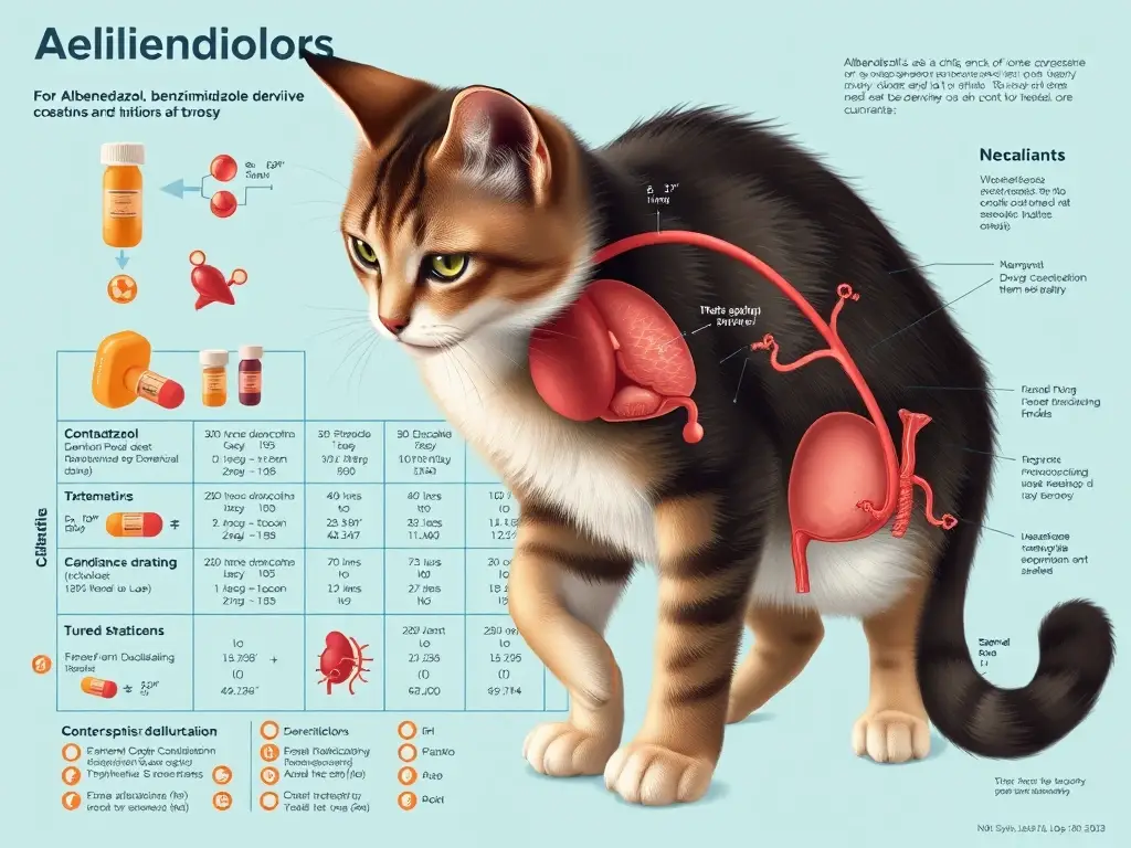 Ilustración detallada al estilo científico del contraindicación de Albendazol en gatos